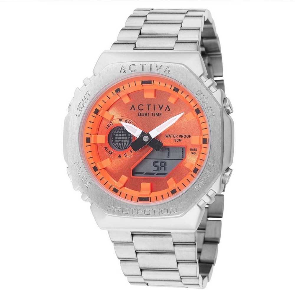 New ACTIVA x INVICTA DIGITAL ESSENTIALS Unisex 45.5mm Alloy Silver / Orange Face
